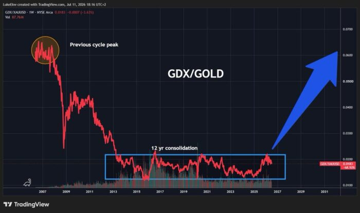 GDX to gold ratio chart showing 12-year consolidation breakout potential 2007-2031
