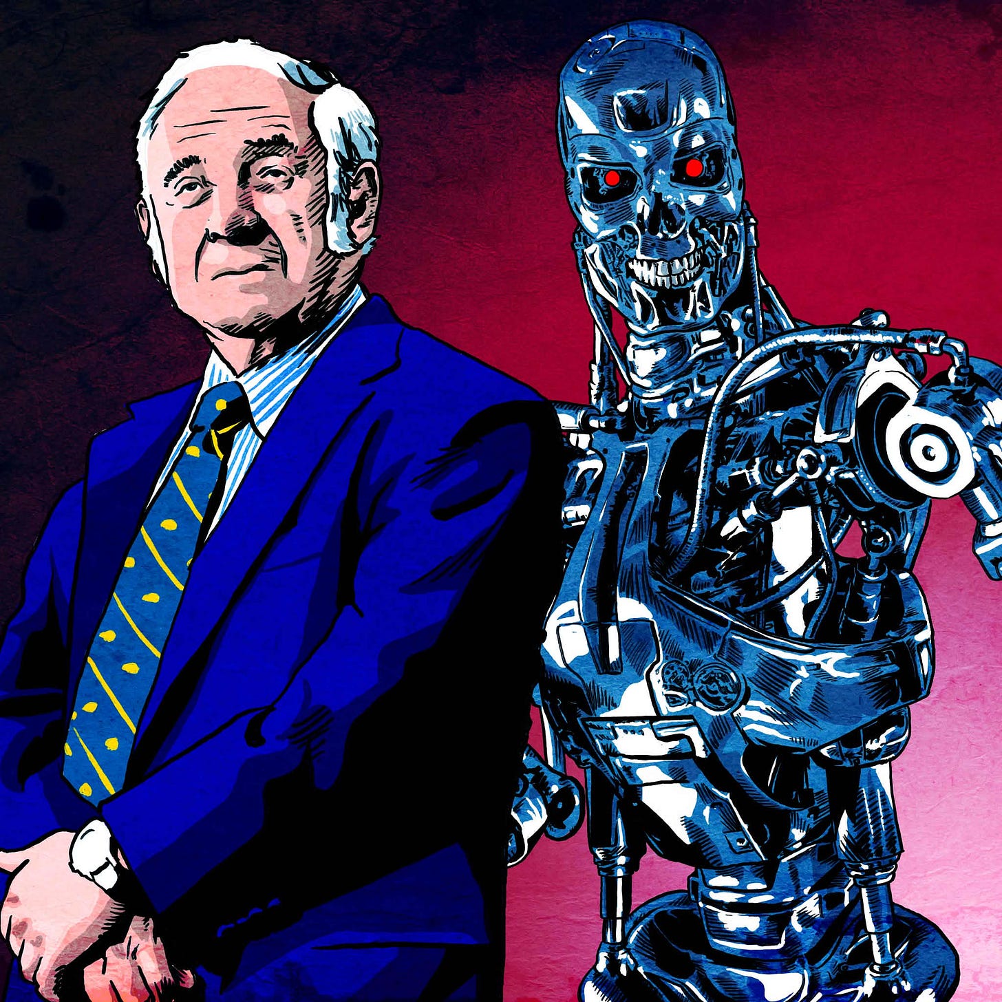 Drawing of the philosopher John Searle standing next to a robot from the Terminator movies.