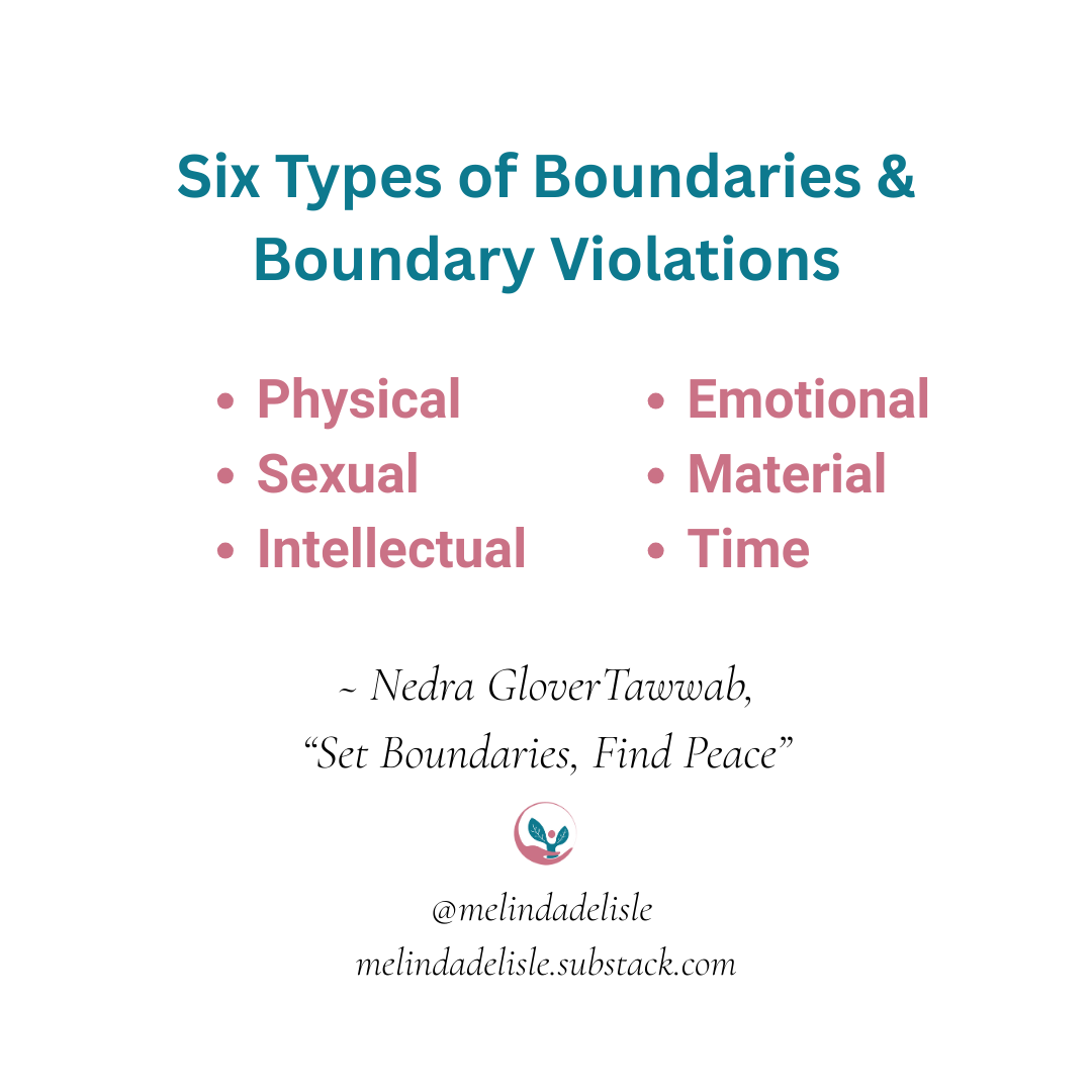 “Six Types of Boundaries & Boundary Violations: Physical Sexual Intellectual Emotional Material Time From Nedra Glover Tawwab’s workshop, Boundaries: How to Cultivate Peace in Life & Relationships." melindadelisle.substack.com