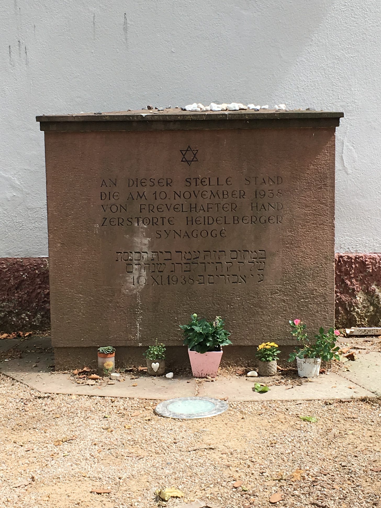 The memorial to Heidelberg’s synagogue, destroyed in 1938. There are several potted plants laid in front of the main stele and rocks lying on top