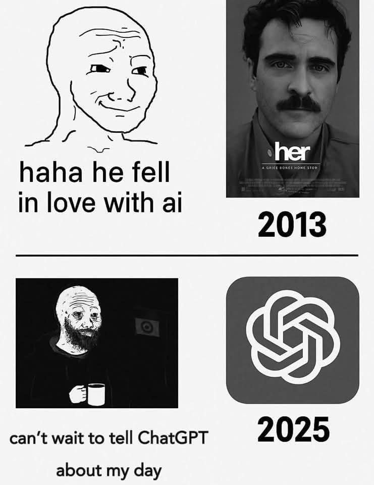 r/me_irl - haha he fell in love with ai her A GRICK HONES HONE STOR can't wait to tell ChatGPT about my day 2013 இ 2025 r/me_irl - haha he fell in love with ai her A GRICK HONES HONE STOR can't wait to tell ChatGPT about my day 2013 இ 2025