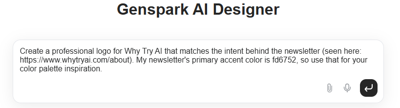 Screenshot of Genspark AI Designer showing a prompt to generate a professional Why Try AI logo using brand intent and accent color, highlighting new Genspark design features
