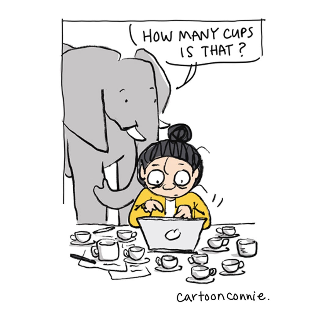 Illustration of a girl with a bun, working and surrounded with multiple cups and mugs, talking to an elephant. Excerpt from a comic strip titled "Pep Talk in a Cup," 2025. Original art by Connie Sun, cartoonconnie