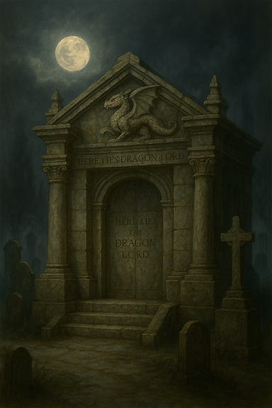 A solemn mausoleum built for a silver dragon lord. The structure is made of pale stone with sweeping arches and dragon-wing motifs carved into the facade. A pair of silver statues flank the entrance—one of a dragon in flight, the other of a knight kneeling in reverence. The mausoleum stands atop a low hill in a misty cemetery, surrounded by ancient gravestones and gnarled trees. Moonlight filters through the fog, casting a silvery glow across the cracked steps and the engraved plaque that reads: 'Here lie the bones and treasures of the Silver Dragon Lord, protector of the innocent.' The atmosphere is reverent, mournful, and mythic.