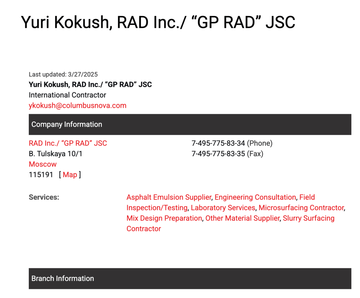 Image shows a listing for 'Yuri Kokush, RAD Inc." with an email ykokush@columbusnova.com Image shows a listing for 'Yuri Kokush, RAD Inc." with an email ykokush@columbusnova.com