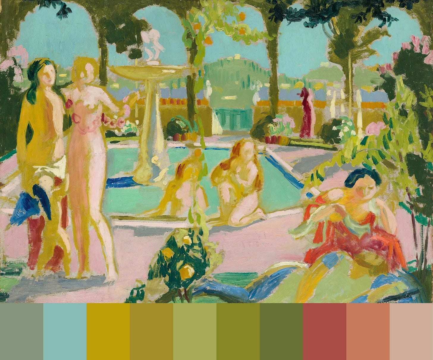 Maurice Denis’ “Les Jardins d'Armide, Esquisse,” an artwork depicting a sun-drenched, idyllic garden framed by dark green arched trellises, where loosely defined figures lounge around a turquoise pool and a stone fountain amidst lush foliage. Framed for the Frescoed series, the scene is anchored below by a horizontal color strip displaying ten swatches that range from muted sage green and sky blue to deep mustard, olive tones, terracotta, and soft dusty rose. Maurice Denis’ “Les Jardins d'Armide, Esquisse,” an artwork depicting a sun-drenched, idyllic garden framed by dark green arched trellises, where loosely defined figures lounge around a turquoise pool and a stone fountain amidst lush foliage. Framed for the Frescoed series, the scene is anchored below by a horizontal color strip displaying ten swatches that range from muted sage green and sky blue to deep mustard, olive tones, terracotta, and soft dusty rose.
