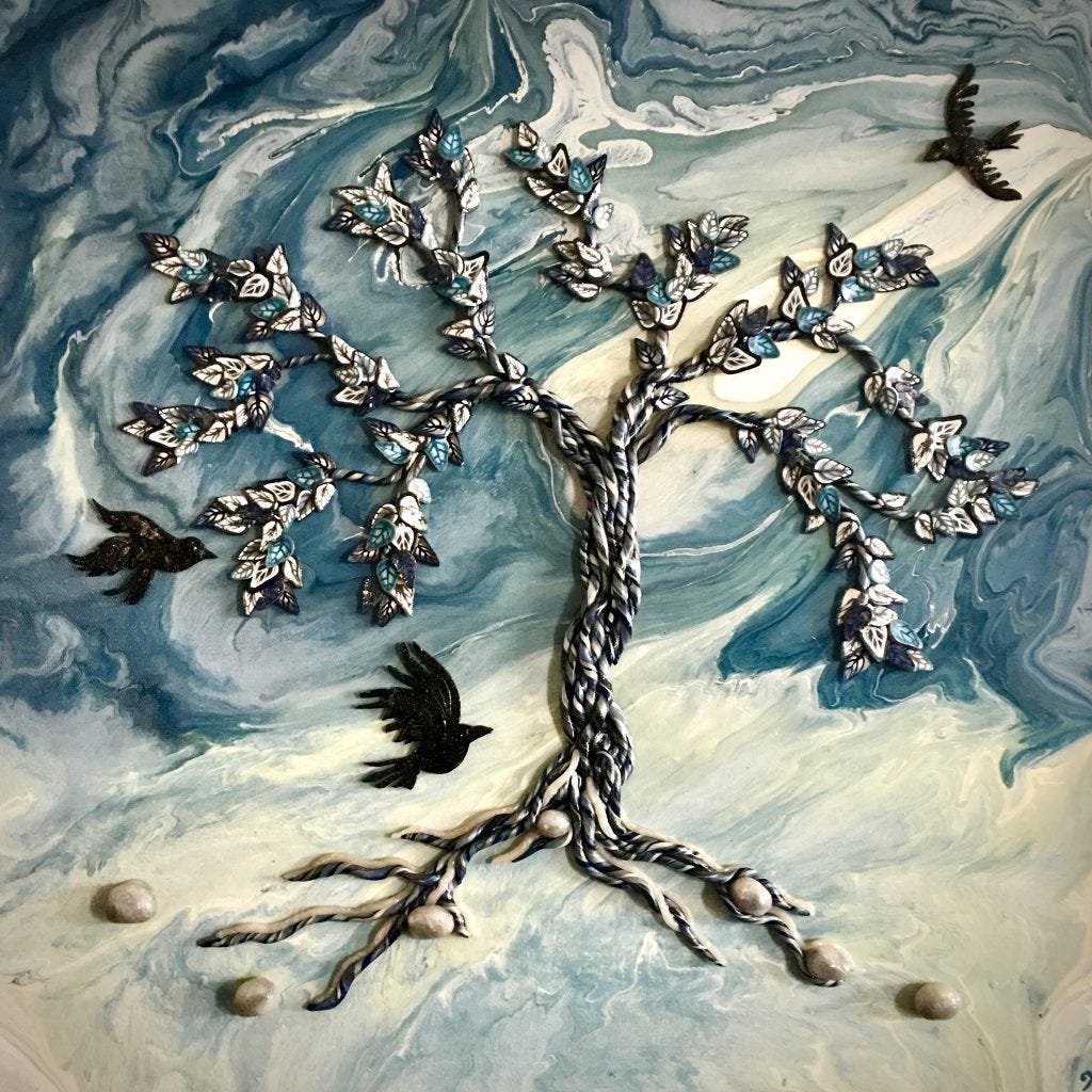 Blue and White Acrylic background. Polymer tree in blue, white, and gray. 3 ravens fly past. Original artwork by Anna Loscotoff.