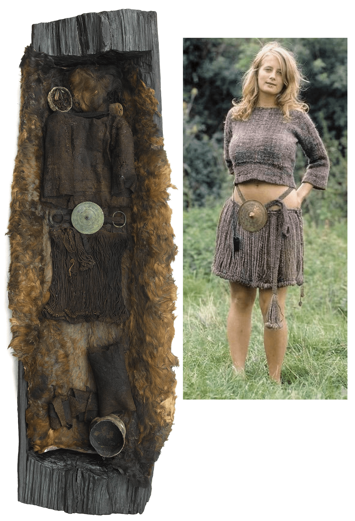left burial of the bronze age Egtved Girl, buried circa 1370 BC in Denmark,  right a modern recreation of her clothes [1589x2329] : r/ArtefactPorn