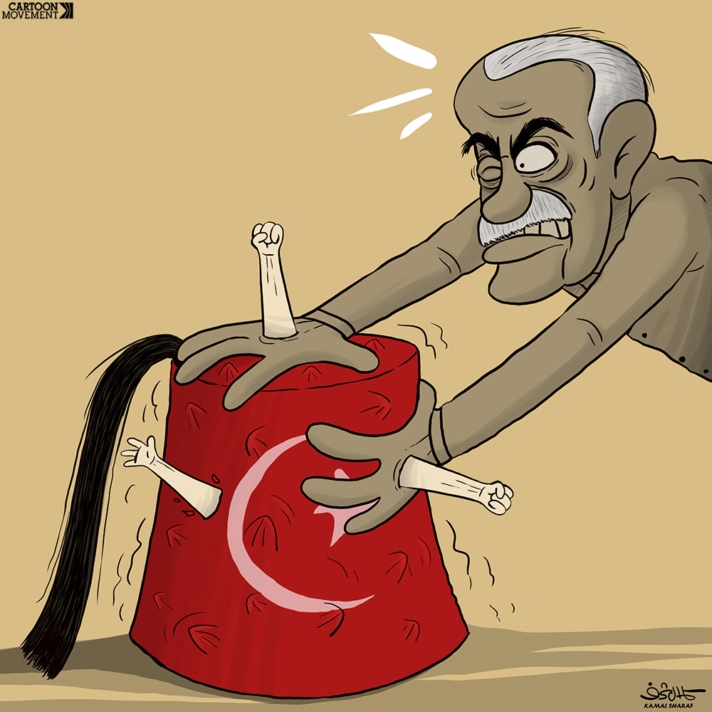 Cartoon showing Erdogan desperately pressing down a large fez with the flag of Turkey on it to the ground. The fez is filled with protesters, and some arms with fists are breaking trough the fez, some even trough the hands of Erdogan.