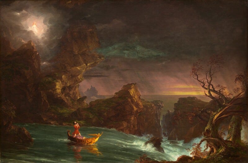 A man looks up as he kneels with his hands clasped in prayer in a small golden boat on a river that rushes toward craggy rocks in this horizontal landscape painting. The man has pale skin, dark brown hair and beard, and he wears a crimson-red tunic. A winged figurehead at the front of the gold boat holds up an hourglass. The boat sails to our right, away from calm waters to the left toward whitewater rapids along the right edge of the composition. A ridge of tall, jagged, moss-covered rock lines the water’s edge to our left and another channels the water on the opposite side of the river. Closest to us, a barren, blasted tree twists up from the lower right corner. The river passes off the right edge of the canvas, and calm waters beyond extend into the distance. The horizon line comes just under halfway up the composition. Bands of golden yellow break through the deep mauve-pink sky near the horizon line to our right. Diagonal plum-purple streaks suggest falling rain in the distance. A white glow in the upper left corner emanates around a person with long, reddish-blond hair and pale skin, who looks down at the man in the boat. That person wears a white garment and a golden star shines at the forehead. Smudges of fog blue in the sky above the man first read as clouds but upon closer inspection, the cloud-like forms contain the faces of three bearded men. A man looks up as he kneels with his hands clasped in prayer in a small golden boat on a river that rushes toward craggy rocks in this horizontal landscape painting. The man has pale skin, dark brown hair and beard, and he wears a crimson-red tunic. A winged figurehead at the front of the gold boat holds up an hourglass. The boat sails to our right, away from calm waters to the left toward whitewater rapids along the right edge of the composition. A ridge of tall, jagged, moss-covered rock lines the water’s edge to our left and another channels the water on the opposite side of the river. Closest to us, a barren, blasted tree twists up from the lower right corner. The river passes off the right edge of the canvas, and calm waters beyond extend into the distance. The horizon line comes just under halfway up the composition. Bands of golden yellow break through the deep mauve-pink sky near the horizon line to our right. Diagonal plum-purple streaks suggest falling rain in the distance. A white glow in the upper left corner emanates around a person with long, reddish-blond hair and pale skin, who looks down at the man in the boat. That person wears a white garment and a golden star shines at the forehead. Smudges of fog blue in the sky above the man first read as clouds but upon closer inspection, the cloud-like forms contain the faces of three bearded men.