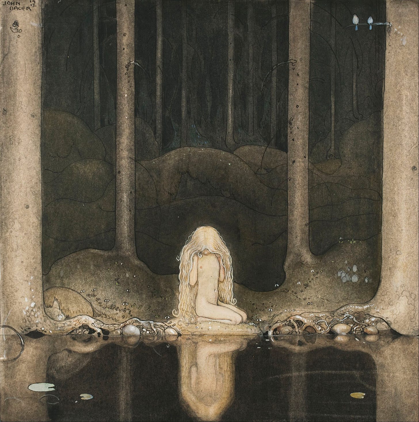 A small pale princess with long blond hair sits hunched at the edge of a black forest pool, between tall dark tree trunks. A small pale princess with long blond hair sits hunched at the edge of a black forest pool, between tall dark tree trunks.
