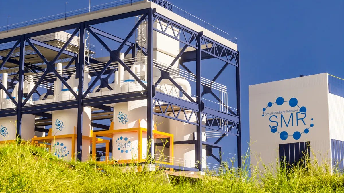 3D rendering of a small modular nuclear reactor power plant on a sunny day.