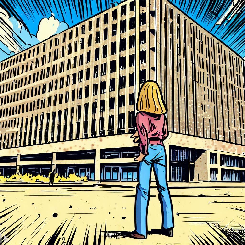 Comiczeichnung eines typischen Behördengebäudes im Stil der 1970er Jahre. Davor steht eine Person mit langen blonden Haaren.