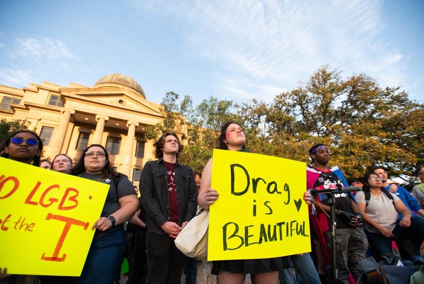 Students and supporters gather on campus to protest the Texas A&M University Board of Regents' decision on Draggieland in College Station, TX, on Wednesday, March 6, 2025. Students and supporters gather on campus to protest the Texas A&M University Board of Regents' decision on Draggieland in College Station, TX, on Wednesday, March 6, 2025.