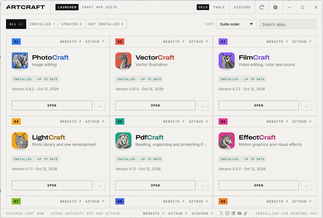ArtCraft Launcher displaying the available Crafting Apps.