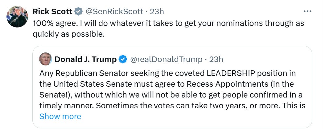 Rick Scott tweet: 100% agree. I will do whatever it takes to get your nominations through as quickly as possible. Rick Scott tweet: 100% agree. I will do whatever it takes to get your nominations through as quickly as possible.