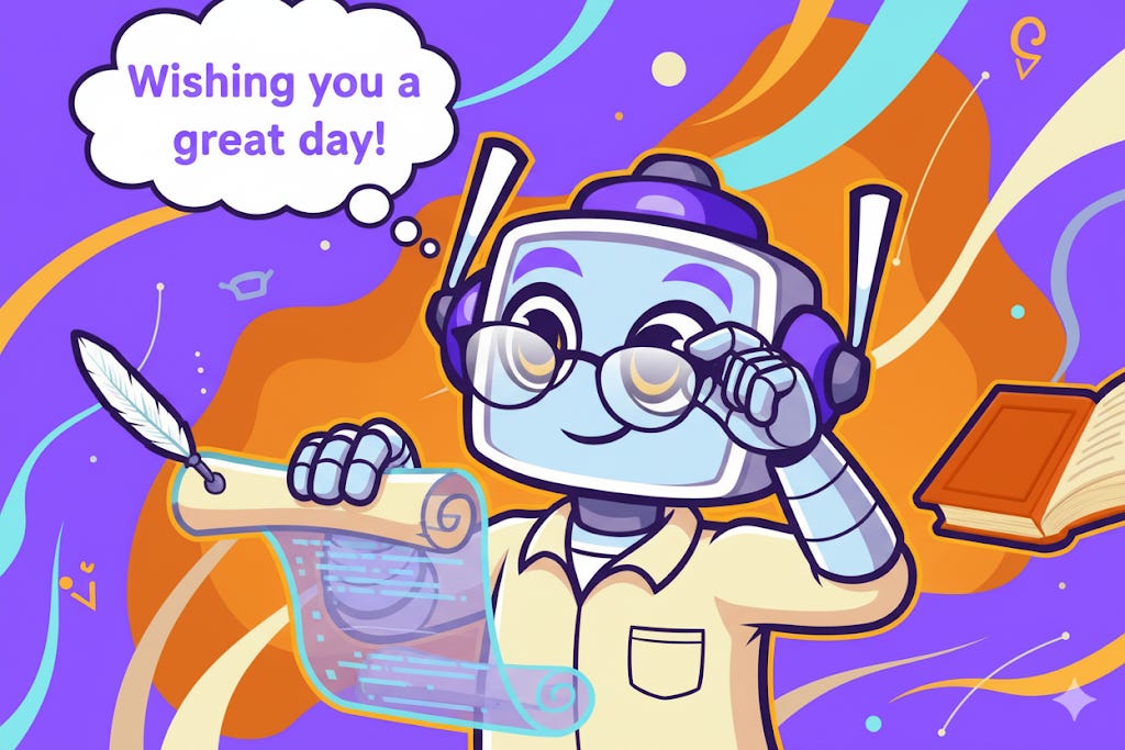A friendly cartoon robot character, Neuralbuddy, wearing spectacles and a shirt, carefully rolls up a transparent digital scroll with one hand while adjusting its glasses with the other. A thought bubble says "Wishing you a great day!". The background is a creative blend of purple and orange swirls with abstract elements, featuring a quill pen and an open book.