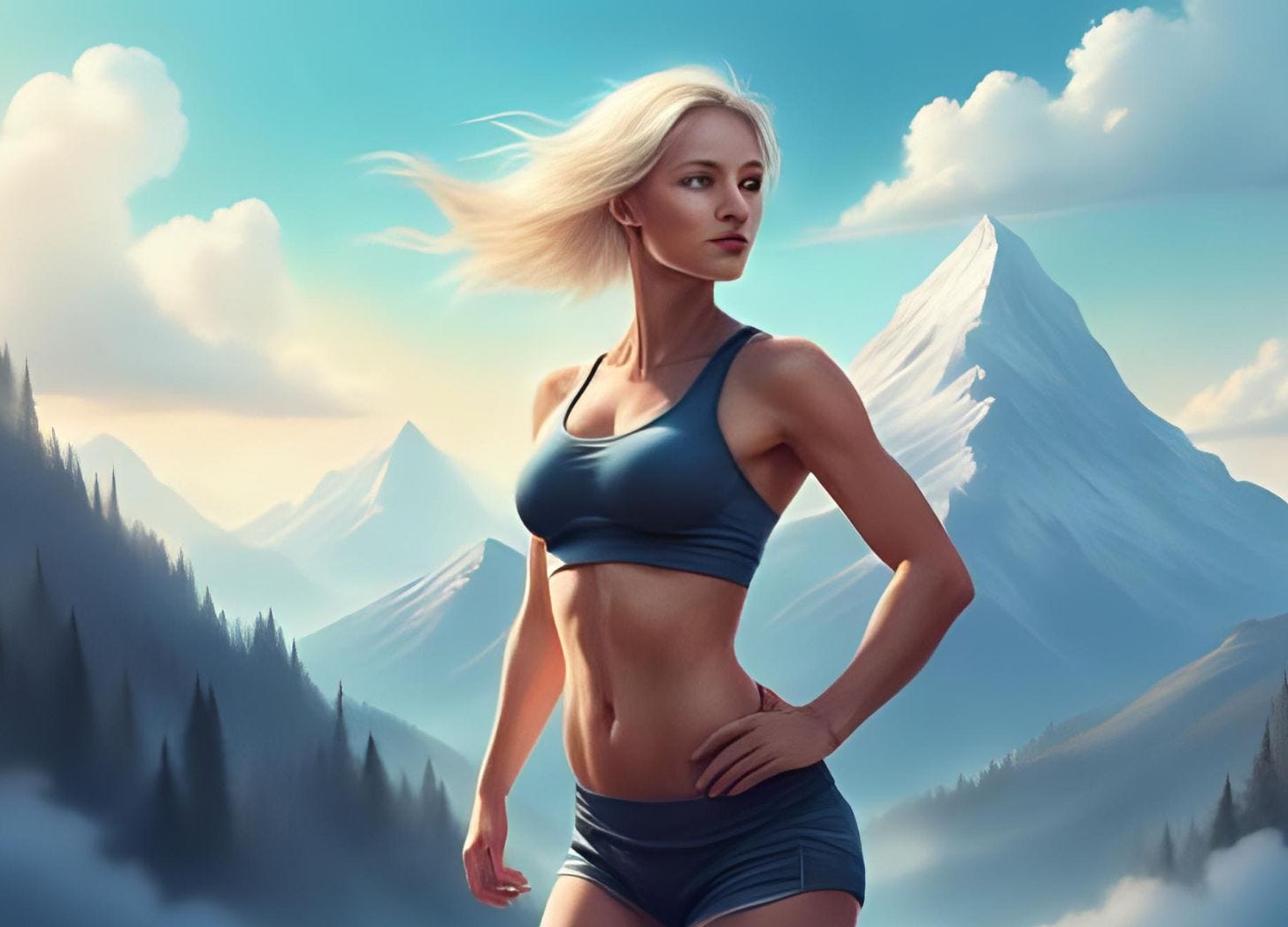 A beautiful, confident, and happy woman with blonde hair and brown eyes stands on the top of a mountain. She's athletic and fit, wearing a sports bra and exercise shorts. A beautiful, confident, and happy woman with blonde hair and brown eyes stands on the top of a mountain. She's athletic and fit, wearing a sports bra and exercise shorts.