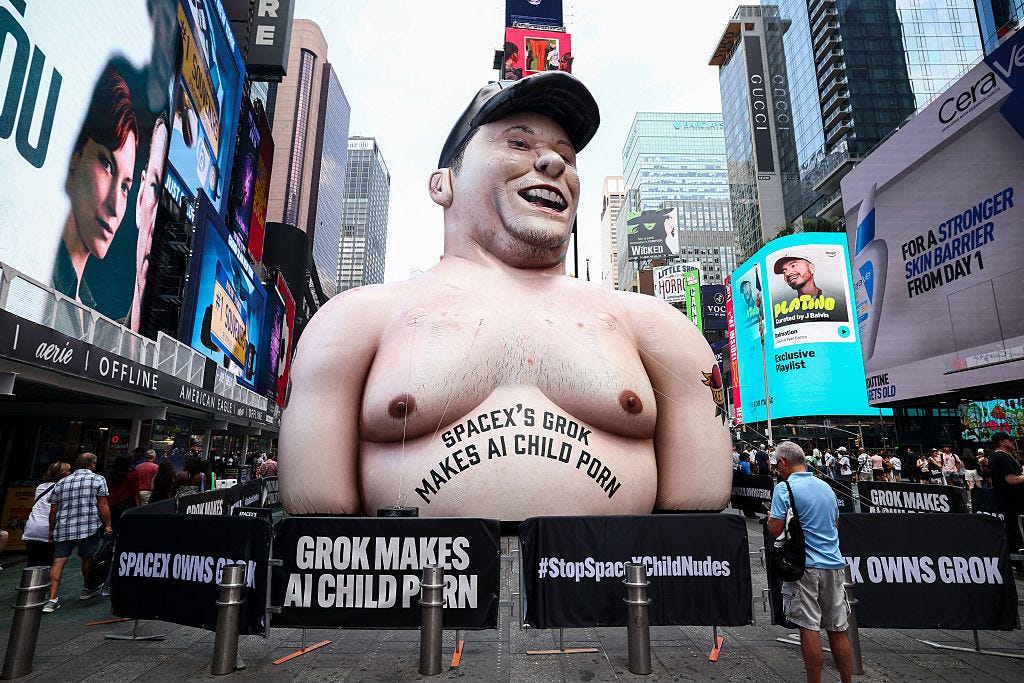 n inflatable effigy of SpaceX CEO Elon Musk, protesting Musk's Grok AI, stands in Times Square in New York City on June 11, 2026