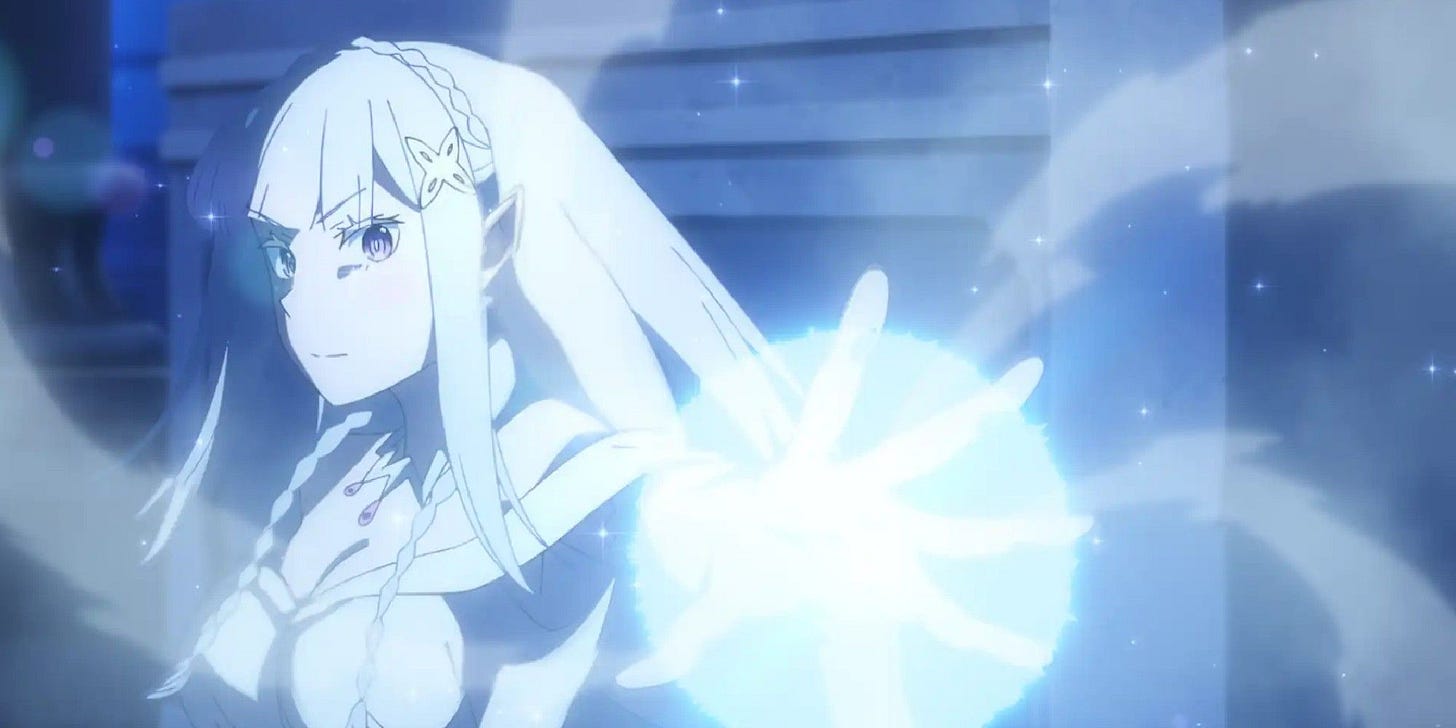 Emilia with her hand out performing a spell