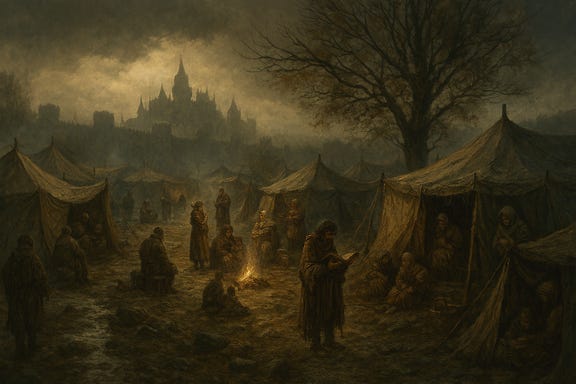 The Barovian refugee camp outside of Vallaki sprawls across a mist-laced field beneath the looming city walls. Makeshift tents stitched from sailcloth and scavenged canvas cluster around flickering cookfires, their smoke curling into the gray morning sky. Children huddle beneath threadbare blankets, while weary adults tend to herbal poultices and cracked bowls of stew. A crooked signpost marks the camp’s edge, etched with faded symbols of protection. The atmosphere is somber, resilient, and steeped in quiet desperation—capturing the moment before the party arrives to confront the Night Hag’s influence.