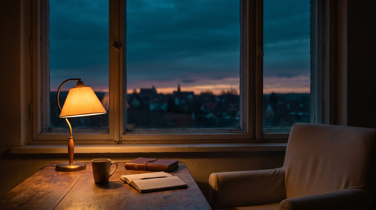 A single window viewed from inside a dimly lit room looking out into deep navy-blue dusk, with warm amber lamplight casting a soft glow on a quiet surface nearby — evoking the familiar emotional weight of Sunday evening.