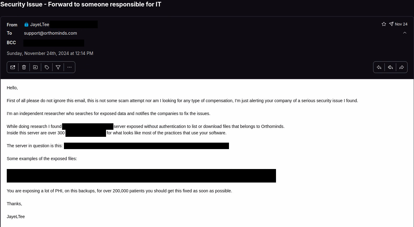 Redacted email sent to the company. This email explains the security issue the company has as well as some examples of the exposed files and some data on what they are currently exposing.