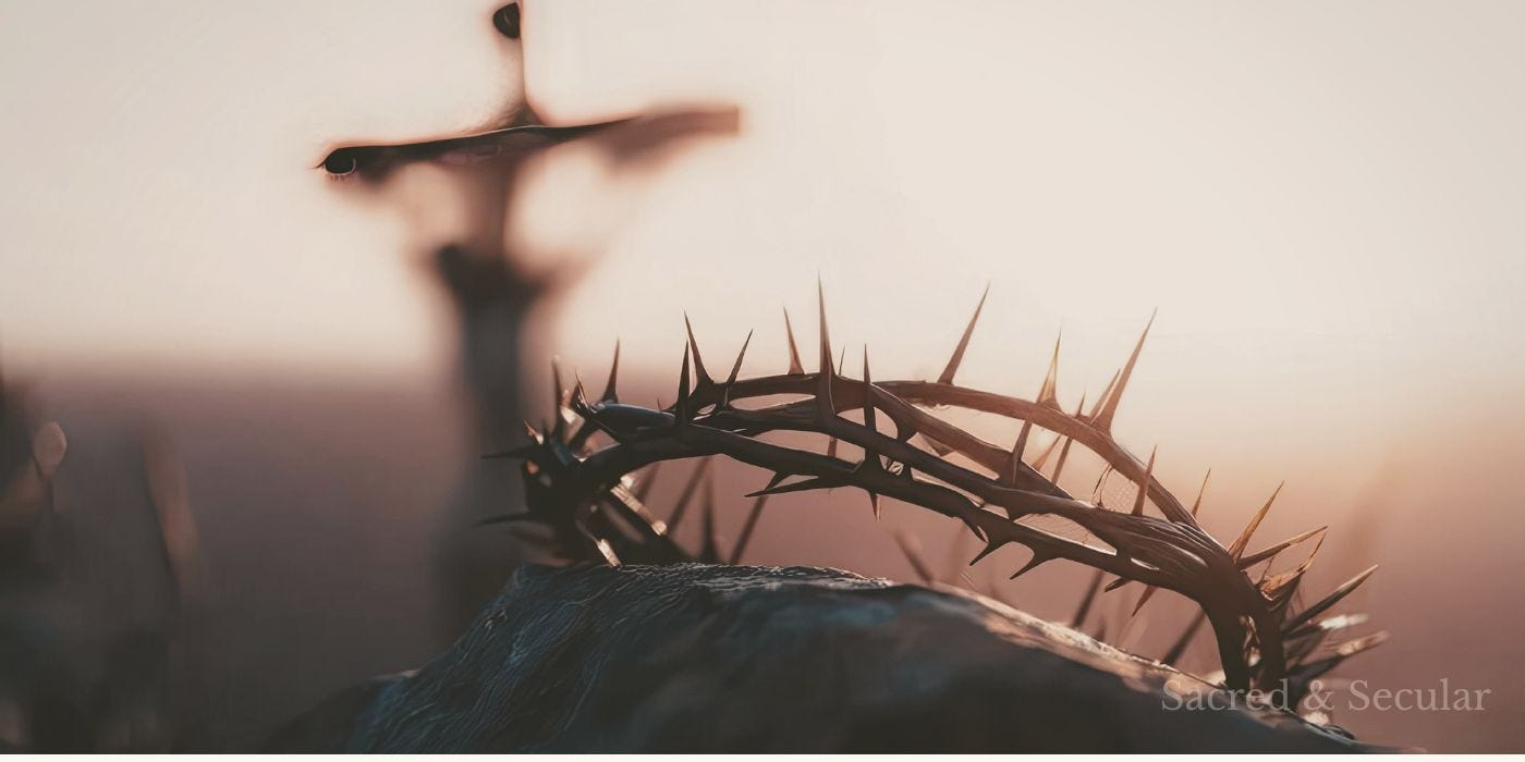 A crown of thorns in soft focus with a blurred cross in the background, lit by warm, muted light
