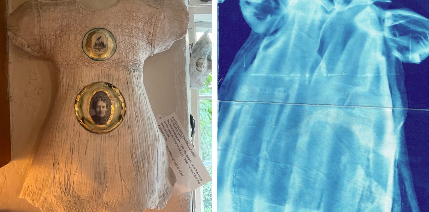 A porcelain dress with photo decal inserts. A cyanotype of a doll dress.