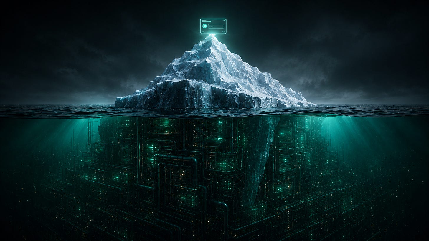 An iceberg as a metaphor for the AI operating system: a small tip above the water — the chatbot everyone sees — and a far larger mass below the surface — the operating system underneath that everyone depends on.