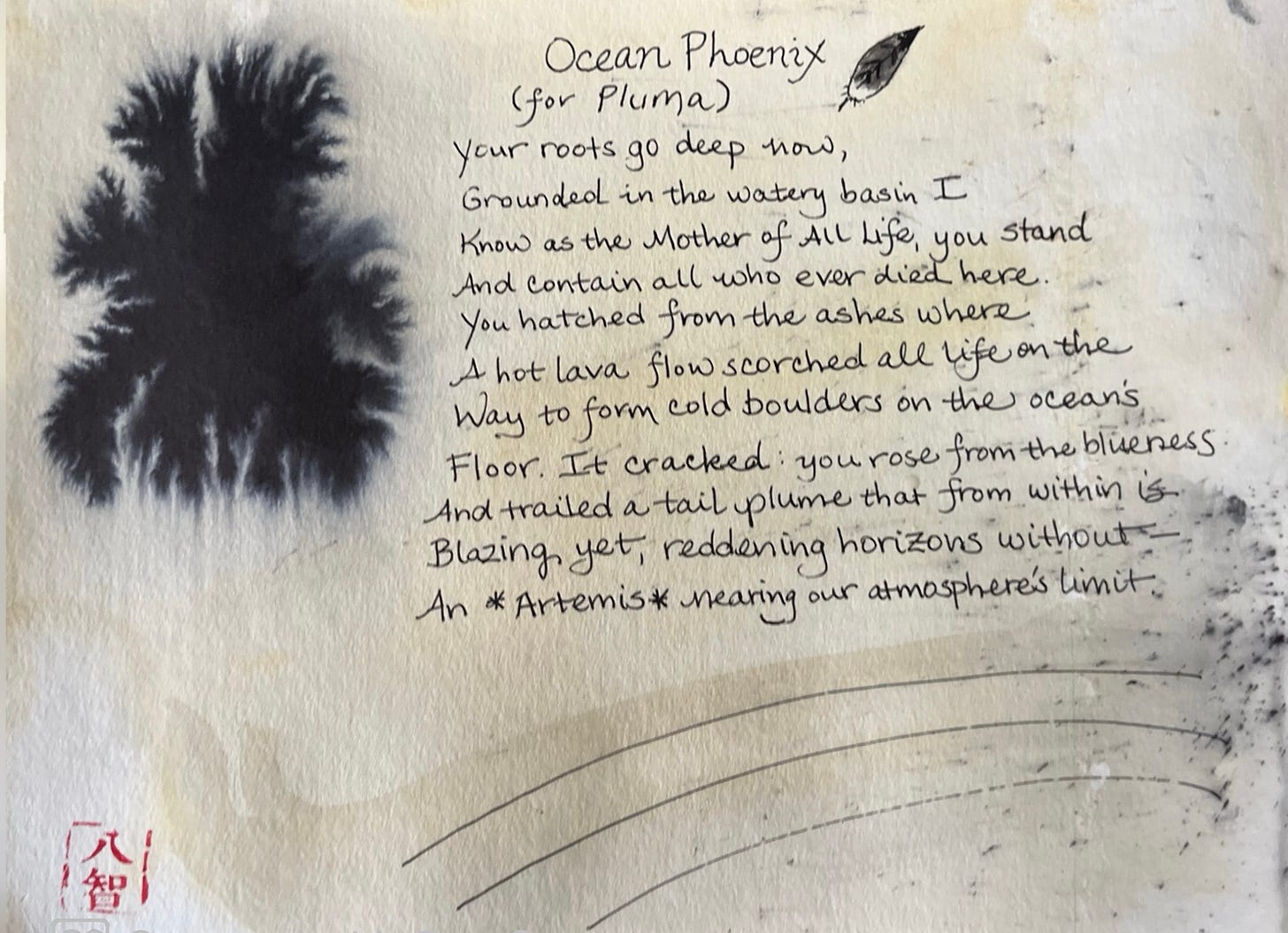 Handwritten poem accented by a beige background with a fractal ink blot and small spatters, arched lines. Text of poem typed below.