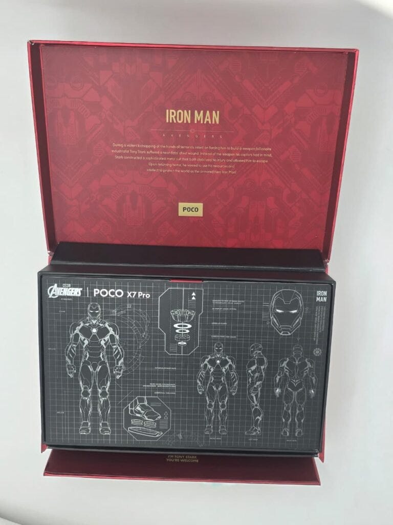 caja POCO X7 Pro Iron Man diseño especial accesorios