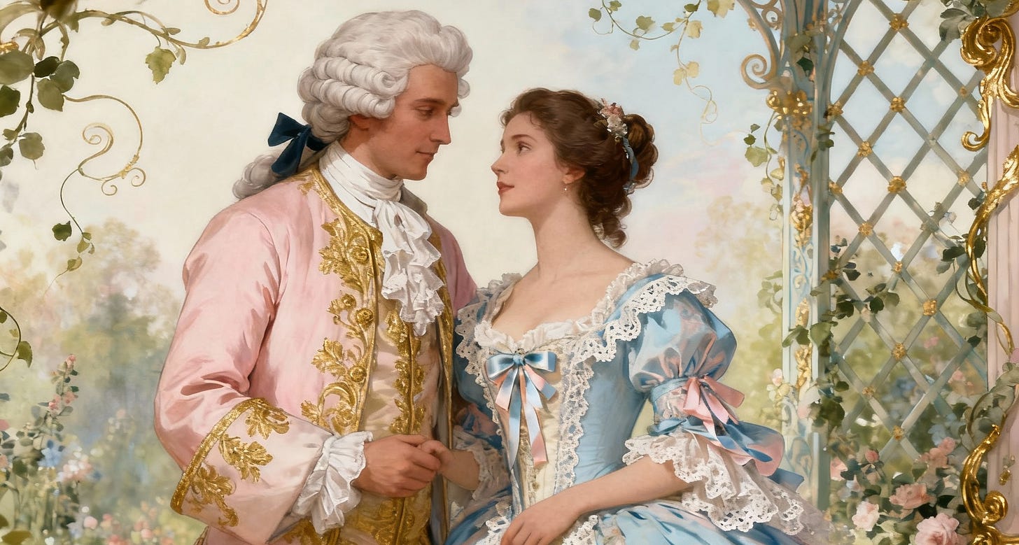Rococo style illustration of a man and a woman