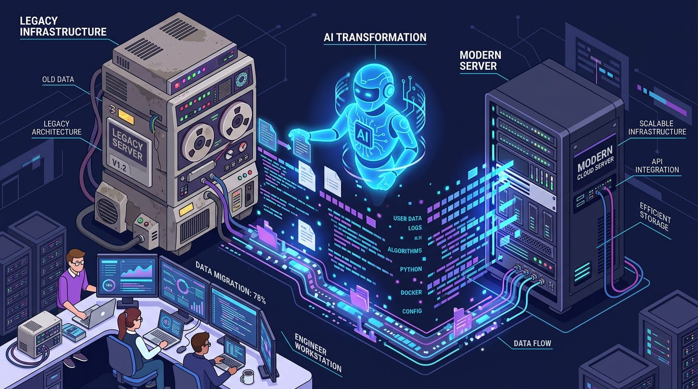 Flat isometric illustration of a massive old computer server being transformed into a sleek modern server by a glowing AI coding assistant, streams of code and files moving between the two systems, small engineers watching the migration on monitors, several thousands of lines of code represented as flowing blocks, dark navy background, clean vector art style, bold purple, blue and white accents, modern software engineering editorial aesthetic Flat isometric illustration of a massive old computer server being transformed into a sleek modern server by a glowing AI coding assistant, streams of code and files moving between the two systems, small engineers watching the migration on monitors, several thousands of lines of code represented as flowing blocks, dark navy background, clean vector art style, bold purple, blue and white accents, modern software engineering editorial aesthetic
