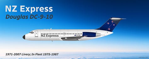 A selection of aircraft types that were formerly operated as part of the NZ Express fleet and/or its predecessor carriers: (1) Ford Trimotor, (2) Douglas DC-3, (3) Fokker F27 Friendship, (4) Hawker Siddeley HS 748, (5) British Aerospace BAe 146, (6) Fokker F28 Fellowship, (7) McDonnell Douglas DC-9-10, (8) de Havilland DHC-3 Otter, and (9) Pilatus PC-12 - all seen in side view in their respective liveries while in midflight.