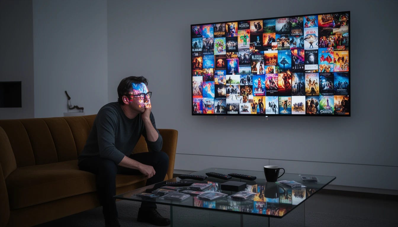 Man overwhelmed with too many movie options on television and going crazy