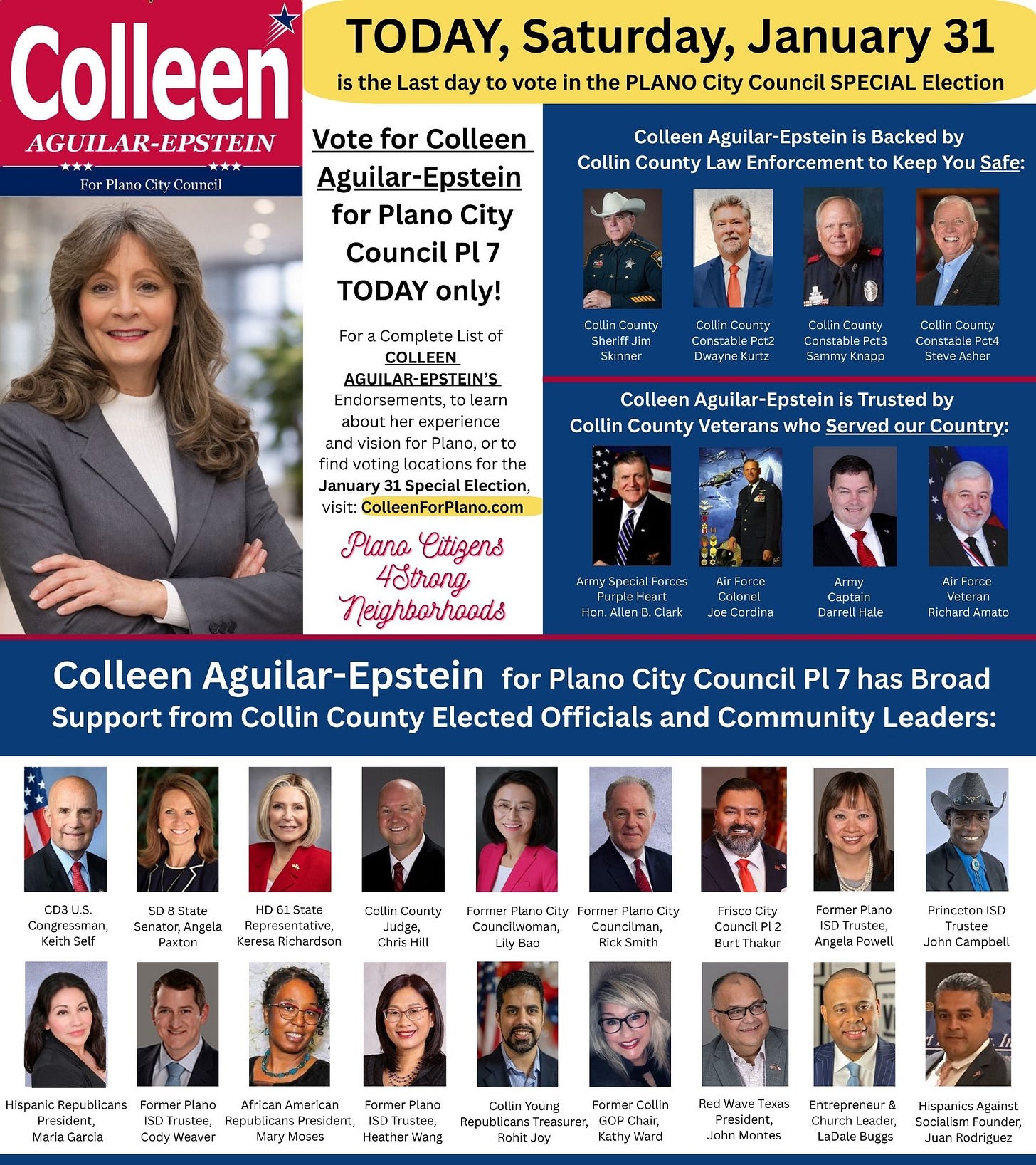 May be an image of one or more people and text that says 'TODAY, Saturday, January 31 the Last day to vote the PLANO City Council SPECIAL Election Fo:PlanoCityCoLnc Colleen AGUILAR-EPSTEIN Vote for Colleen Aguilar-Epstein for Plano City Council PL7 TODAY only! Colleen Aguilar-Epsteini Backed by Collin County Law Enforcement Keep You Safe: For Completel COLLEEN AGUILAR-EPSTEIN'S County Veterans Served about xperience vision Plano,c locations Electlon, ColleenForPlano.com Plano Litigens 4Strong Neighbortoods Colleen Aguilar-Epstein Aguilar- for Plano City Council PL7 has Support from Collin County Elected Officials and Community Leaders: Allen .Clak JoeCordins AirFonce SD8StaLe DolState Oollricenily Chris1l O00x:[ urtThakur Frincaton SD ngaisPowell Hispuric Heputlitane WARa MOses Hanther แลก Lrrepreneur& grinst Satielism aDdeBugsa' May be an image of one or more people and text that says 'TODAY, Saturday, January 31 the Last day to vote the PLANO City Council SPECIAL Election Fo:PlanoCityCoLnc Colleen AGUILAR-EPSTEIN Vote for Colleen Aguilar-Epstein for Plano City Council PL7 TODAY only! Colleen Aguilar-Epsteini Backed by Collin County Law Enforcement Keep You Safe: For Completel COLLEEN AGUILAR-EPSTEIN'S County Veterans Served about xperience vision Plano,c locations Electlon, ColleenForPlano.com Plano Litigens 4Strong Neighbortoods Colleen Aguilar-Epstein Aguilar- for Plano City Council PL7 has Support from Collin County Elected Officials and Community Leaders: Allen .Clak JoeCordins AirFonce SD8StaLe DolState Oollricenily Chris1l O00x:[ urtThakur Frincaton SD ngaisPowell Hispuric Heputlitane WARa MOses Hanther แลก Lrrepreneur& grinst Satielism aDdeBugsa'