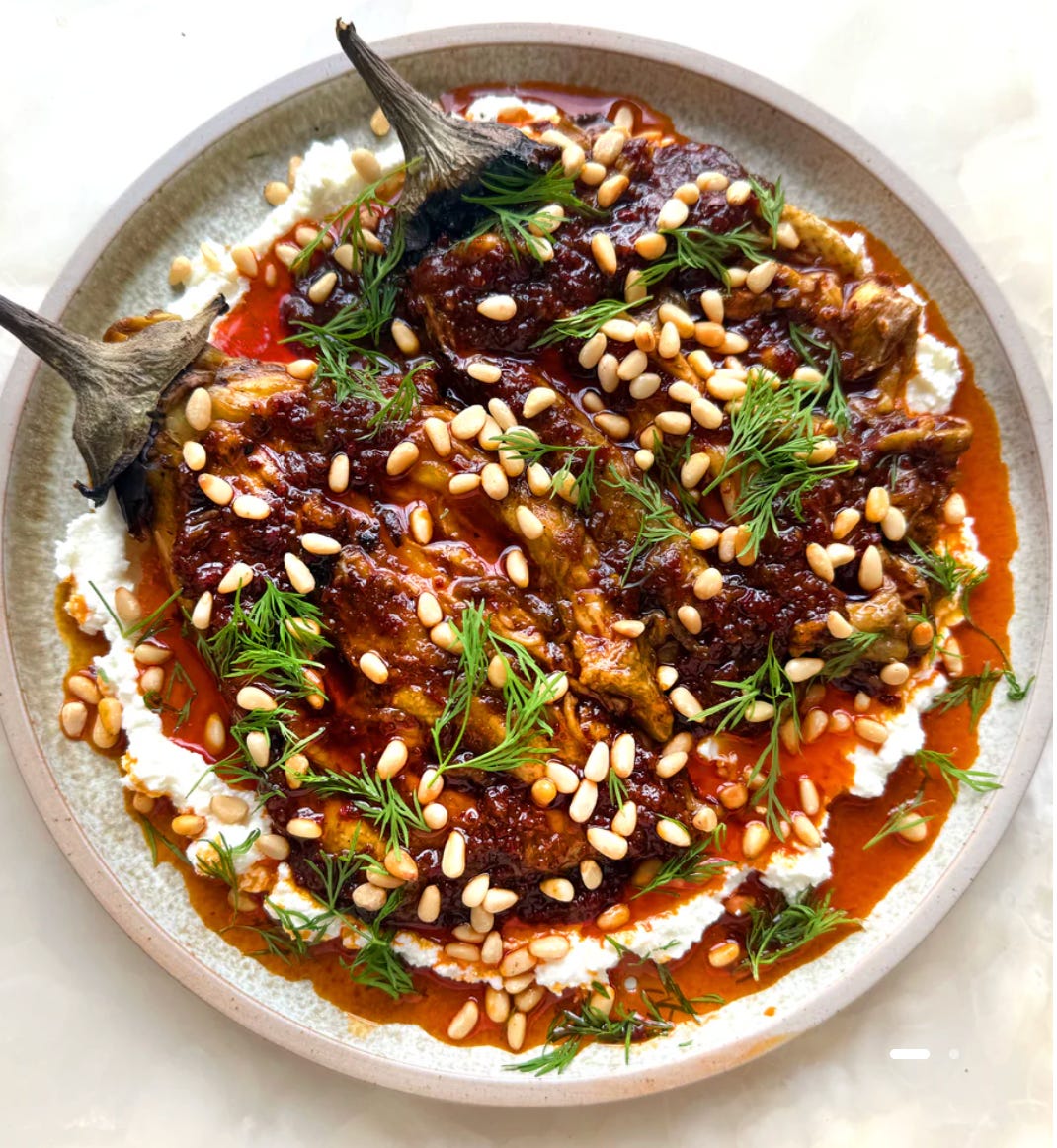 Tembi's Table #4: Burnt Aubergine with Feta and Harissa Oil