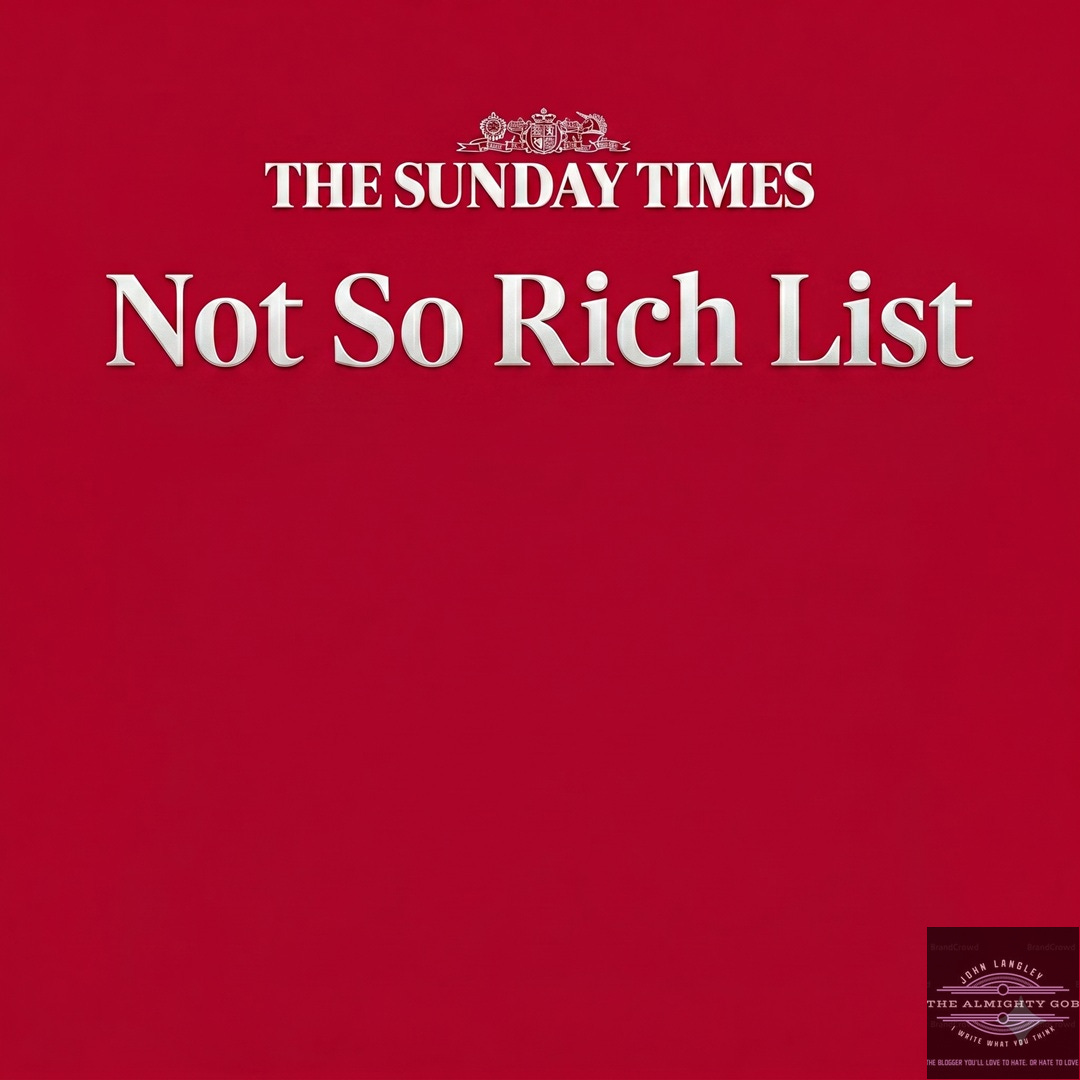 The Sunday Times Not So Rich List — satirical header image created for The Almighty Gob article What Does Rich Mean To You Exactly? The Story Of Two Knights and One Day, examining wealth inequality, homelessness, Sir David Beckham, Sir Tony Blair, and the Sunday Times Rich List 2026.