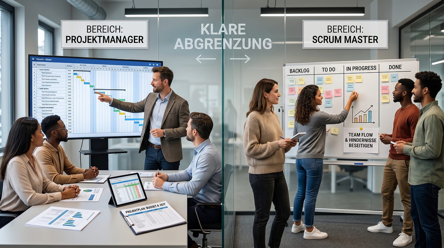 Scrum Master vs Projektmanager Rollen abgrenzen: klare Definitionen, typische Konflikte und konkrete Lösungen für Hybridorganisationen.