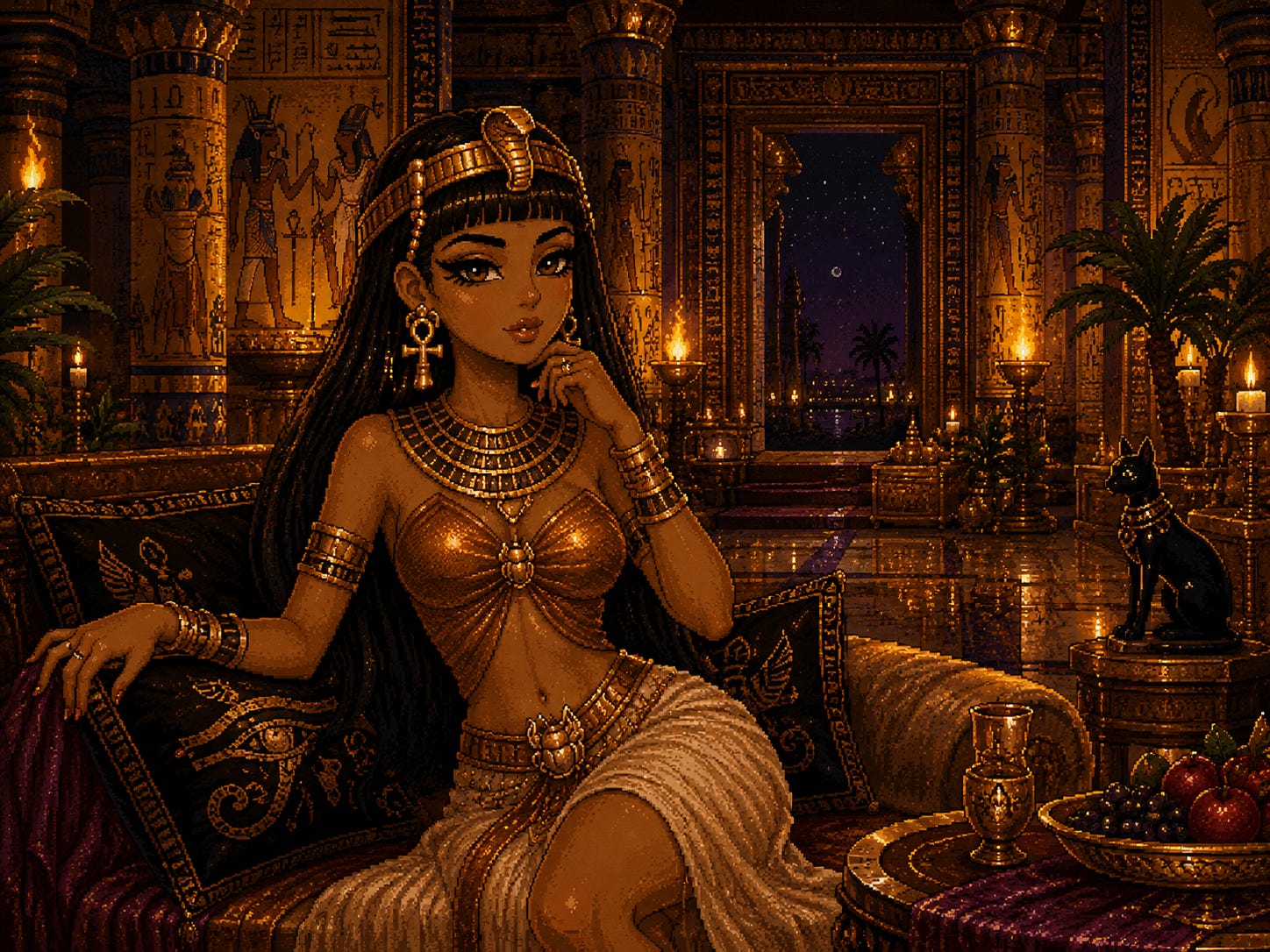 A queen in kohl liner, copper silks and gold jewelry lounging in a candlelit temple