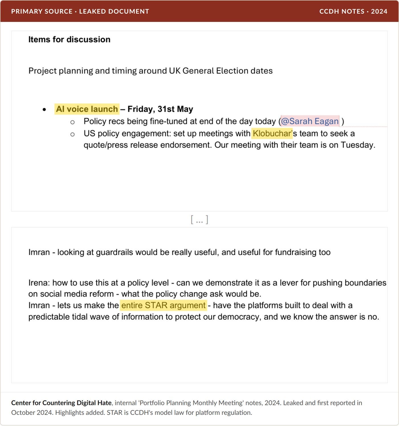"AI voice launch" with outreach to Sen. Klobuchar's office, and AI work as a way to "make the entire STAR argument." Leaked CCDH notes, highlights added. "AI voice launch" with outreach to Sen. Klobuchar's office, and AI work as a way to "make the entire STAR argument." Leaked CCDH notes, highlights added.