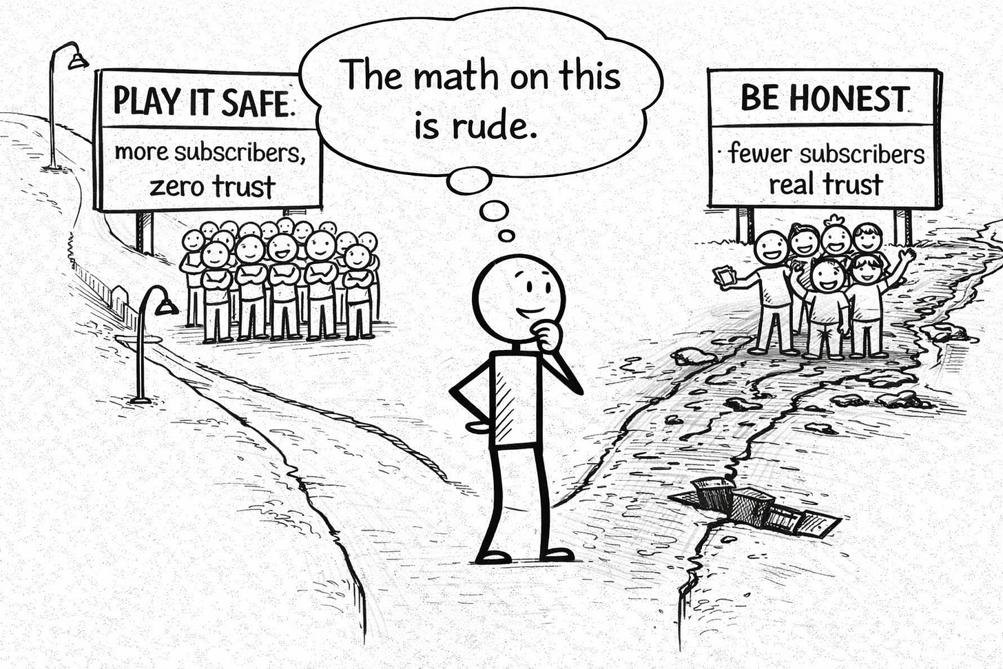 Stick figure choosing between safe content with more subscribers and honest content with real trust Stick figure choosing between safe content with more subscribers and honest content with real trust