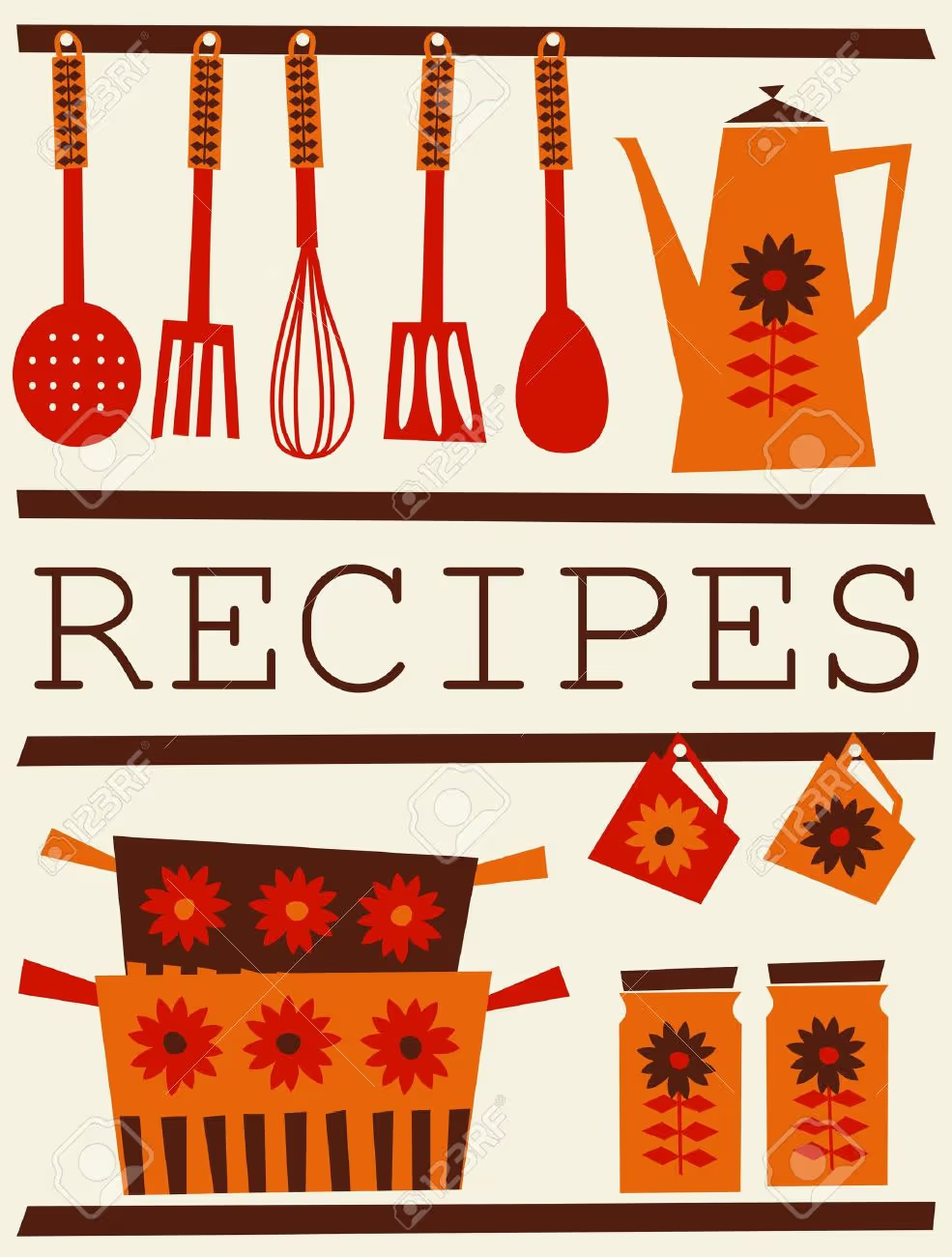 Illustration of kitchen accessories in retro style. Recipe card design. - 13584893