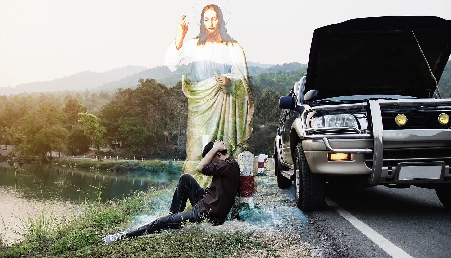 Jesus standing with man stranded on side of road
