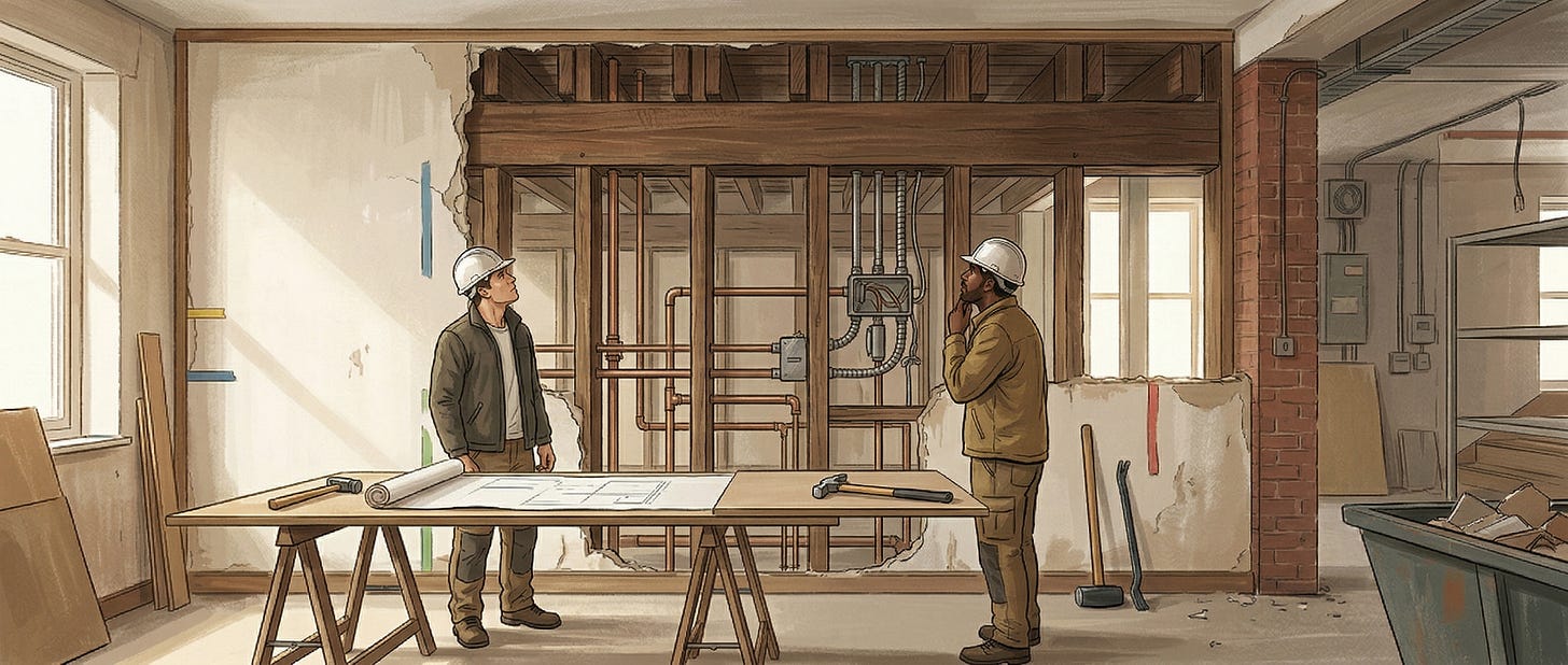 Interior: the same space undergoing demolition reveals a load-bearing wall.