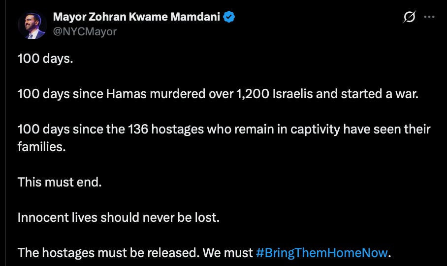 Zohran Mamdani's 100 days statement on X condemning Hamas