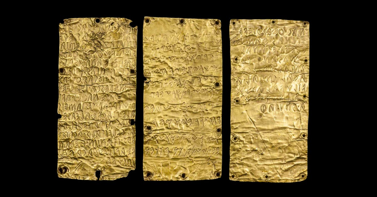 Pyrgi TabletsThe Pyrgi Gold Tablets, c. 500 BC. Three gold sheets bearing Etruscan and Phoenician inscriptions, discovered at the sanctuary of Pyrgi, the port of ancient Caere.