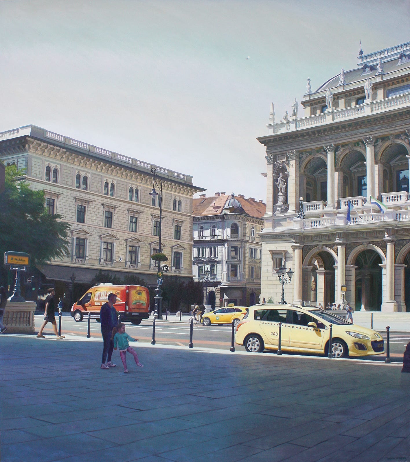 If you think this scene is of a city you have visited, think again. The scene is fictional and it is of a city that does not exist. The painting is called "The White Spot" by Rodion Petroff.