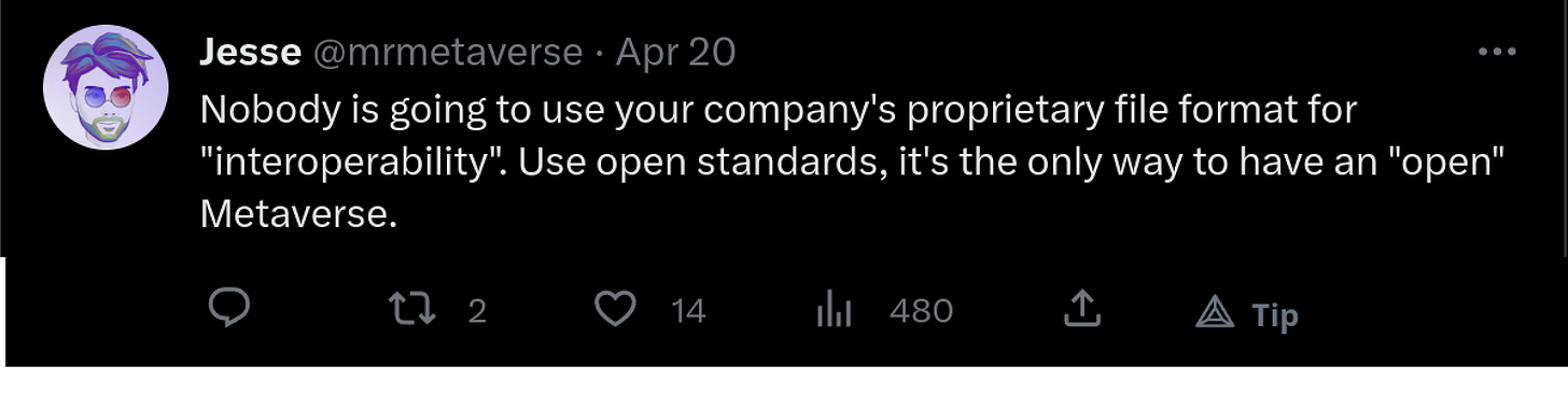 mrmetaverse tweet: "Nobody is going to use your company's proprietary file format for "interoperability". Use open standards, it's the only way to have an "open" Metaverse."